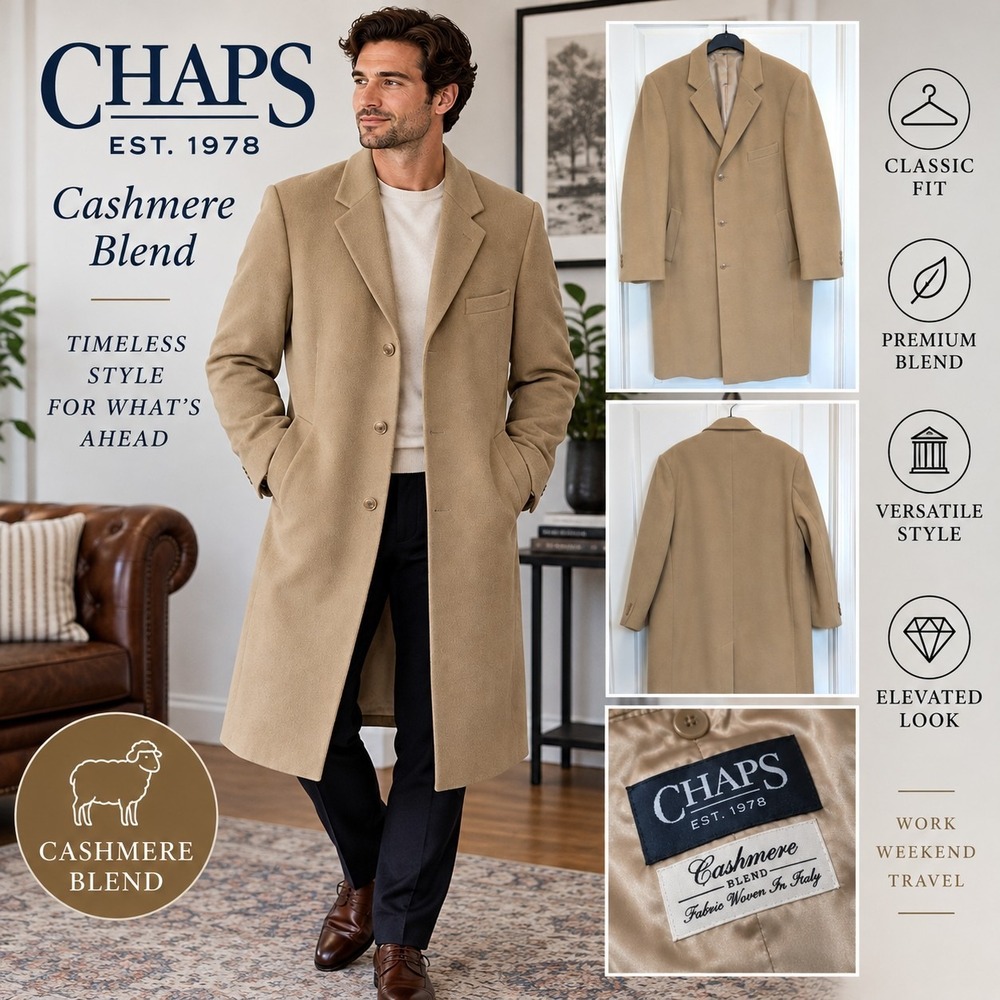 Old Money Quiet Luxury Camel Cashmere Blend Overcoat Mens 46R Chaps Ralph Lauren